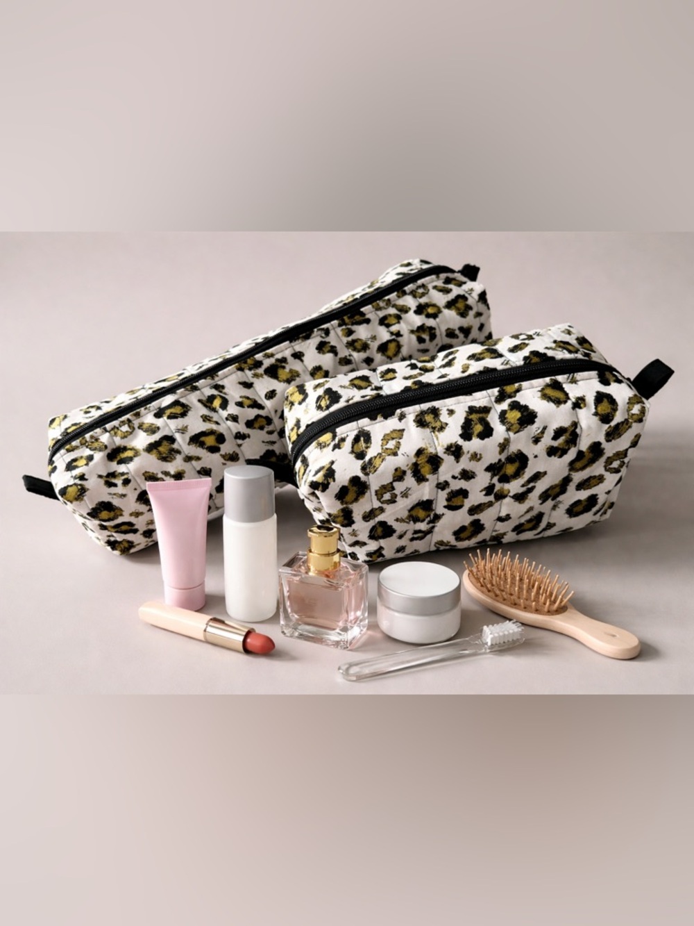 Handmade Quilted Leopard Print Cosmetic Pouch and Hair Tool Bag (Set of 2)